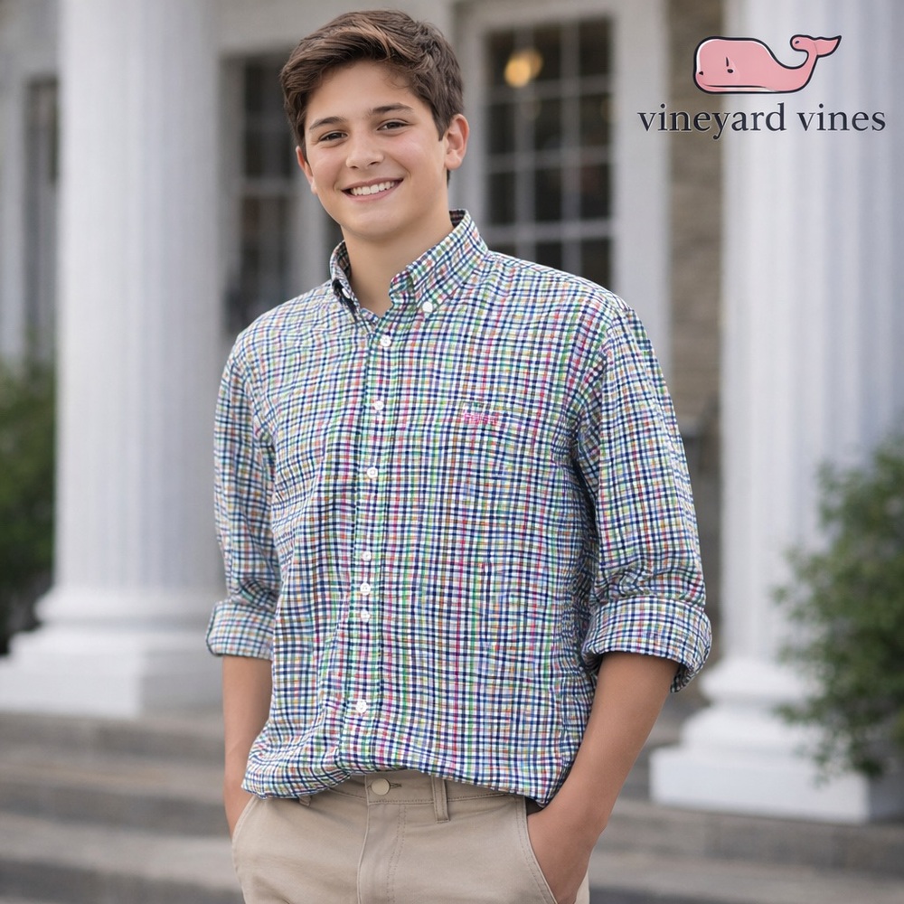 Vineyard Vines Shirt Plaid Cotton Preppy Coastal Button Down, Youth XL 18-20